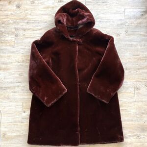 Dennis Basso Burgundy Faux Fur Jacket Long Large Hood Vintage Fluffy Cozy Winter